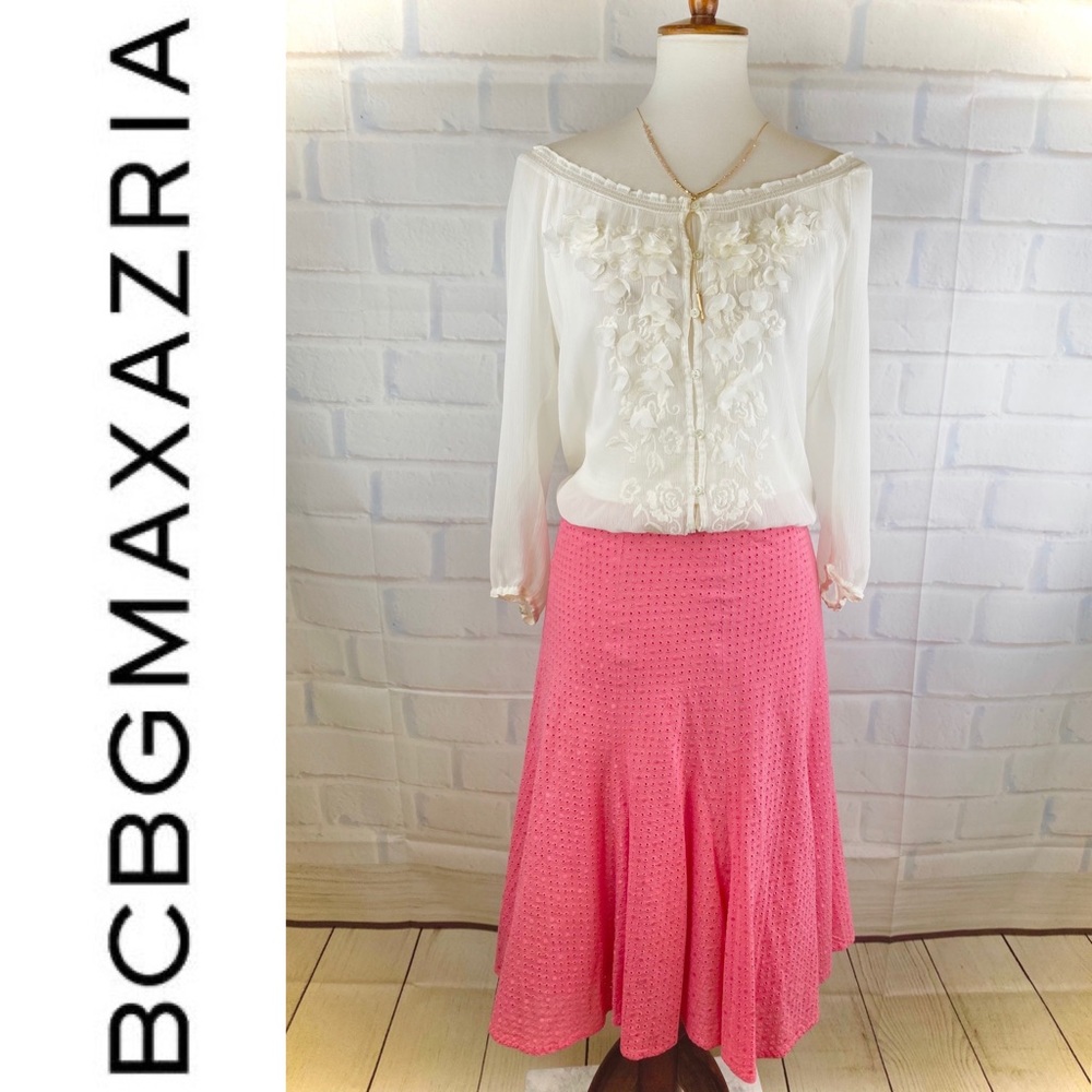 { BCBGMAXAZRIA } Pink Eyelet Tulip Midi Skirt